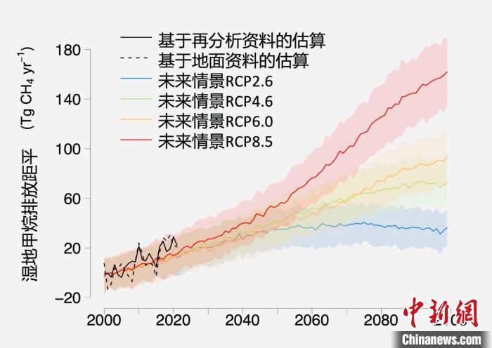 基于觀測的濕地甲烷排放變化與未來氣候變化情景下估算的對(duì)比。　中科院青藏高原所 供圖