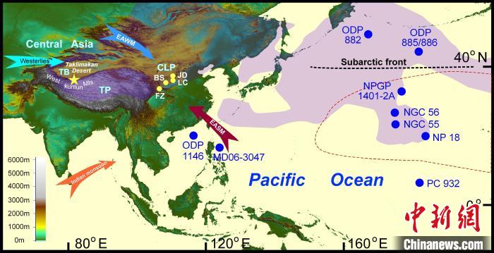 塔里木沙塵傳輸至北太平洋的路徑(陰影區(qū))及西昆侖山黃土巖芯位置(五角星)?！≈锌圃呵嗖馗咴?供圖