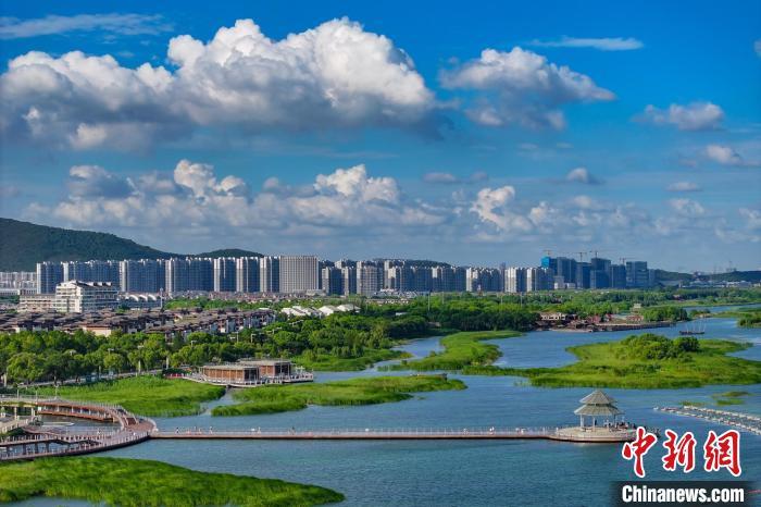 資料圖：航拍蘇州太湖湖濱國(guó)家濕地公園，藍(lán)天碧水生態(tài)美。 泱波 攝