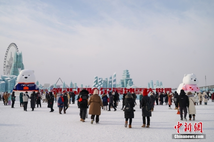 1月4日，第25屆哈爾濱冰雪大世界內(nèi)的冰雕吸引游客觀看。白天的冰雪大世界，游客仿佛置身現(xiàn)實(shí)版“冰雪奇緣”。<a target='_blank' href='/'><p  align=