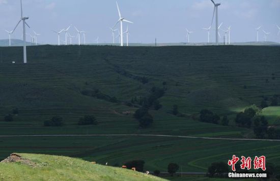 6月28日，河北張家口張北草原上大片風(fēng)力發(fā)電的“風(fēng)車”規(guī)模宏大。 中新社記者 楊艷敏 攝