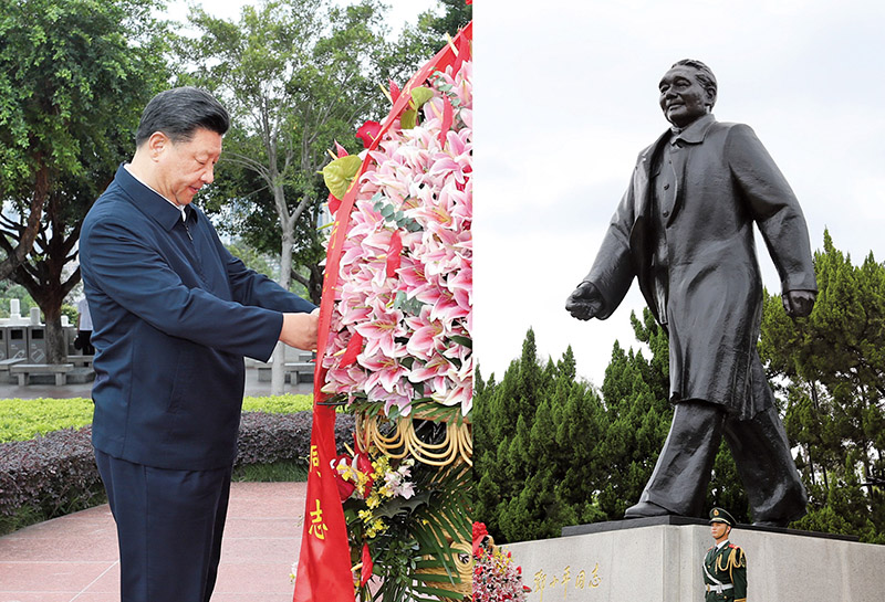 2020年10月14日，習(xí)近平總書記向深圳蓮花山公園鄧小平同志銅像敬獻(xiàn)花籃。