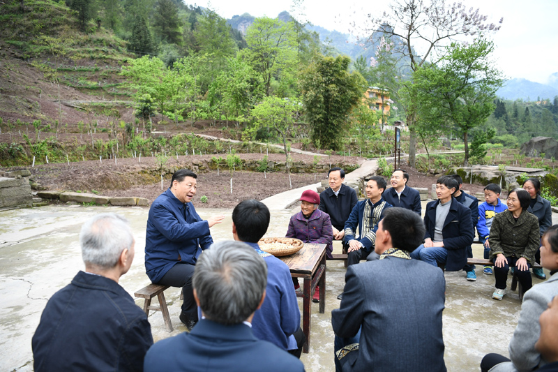 2019年4月15日至17日，中共中央總書記、國(guó)家主席、中央軍委主席習(xí)近平在重慶考察，并主持召開解決“兩不愁三保障”突出問題座談會(huì)。這是4月15日下午，習(xí)近平在石柱土家族自治縣中益鄉(xiāng)華溪村同村民代表、基層干部、扶貧干部、鄉(xiāng)村醫(yī)生等圍坐在一起，共話脫貧攻堅(jiān)。新華社記者 謝環(huán)馳 攝