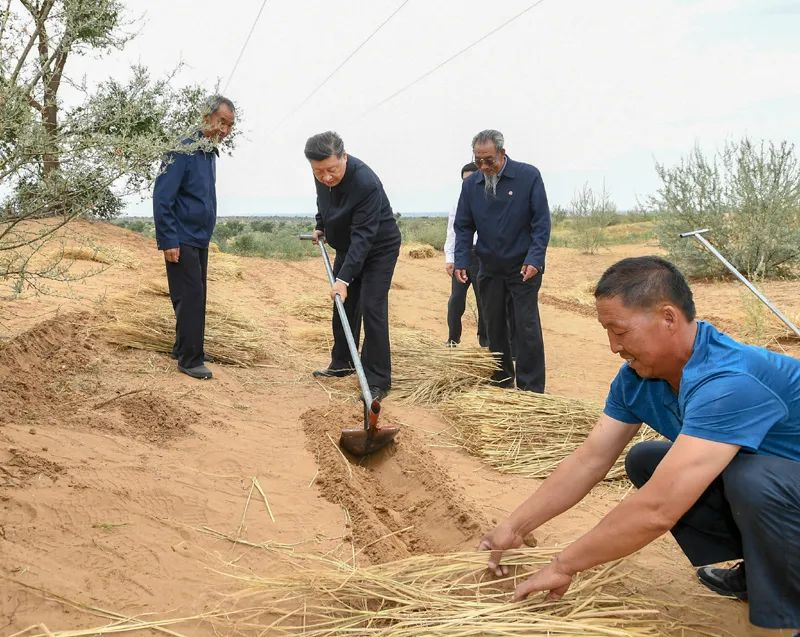 2019年8月21日，習近平來到甘肅省武威市古浪縣八步沙林場，實地察看當?shù)刂紊吃炝帧⑸鷳B(tài)保護等情況。新華社記者 謝環(huán)馳 攝