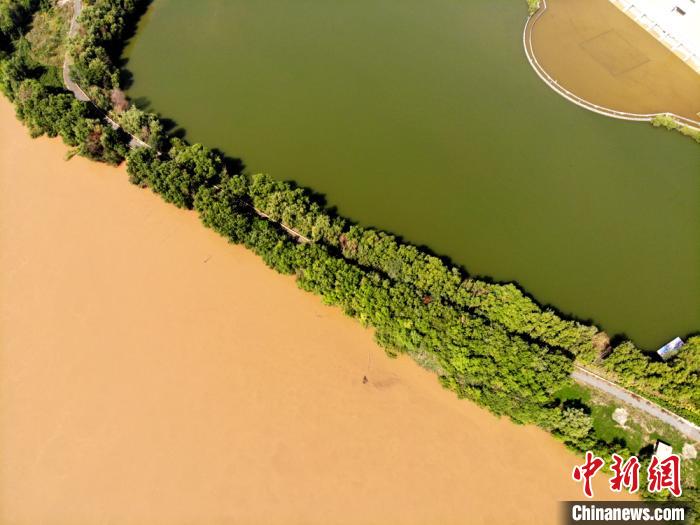 圖為2020年9月3日航拍黃河蘭州段濕地公園現(xiàn)黃河“鴛鴦鍋”。(資料圖) 高瑩 攝