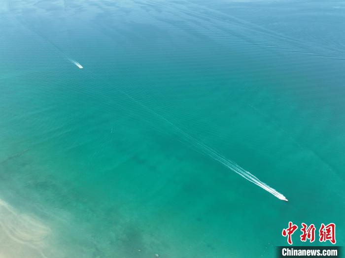 圖為航拍仲夏時節(jié)，青海湖湖水碧波蕩漾?！∑钤鲚?攝