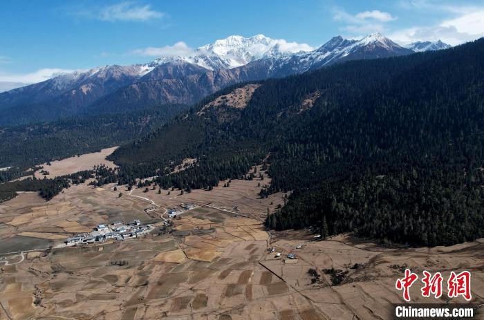 2月17日，西藏林芝魯朗小鎮(zhèn)周邊雪山與牧場。(無人機照片) 李林 攝